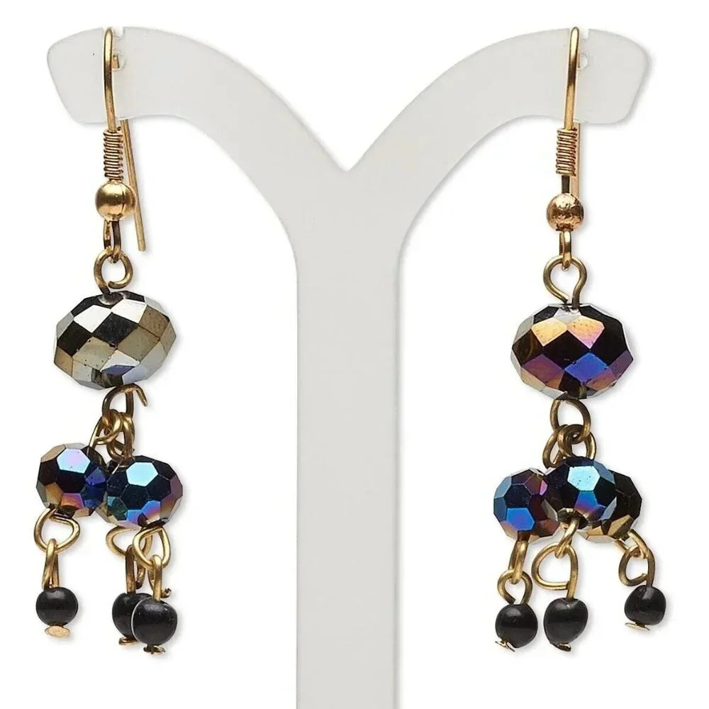Handcrafted India Black Oil Slick AB Glass Beads Brass Dangle Earrings